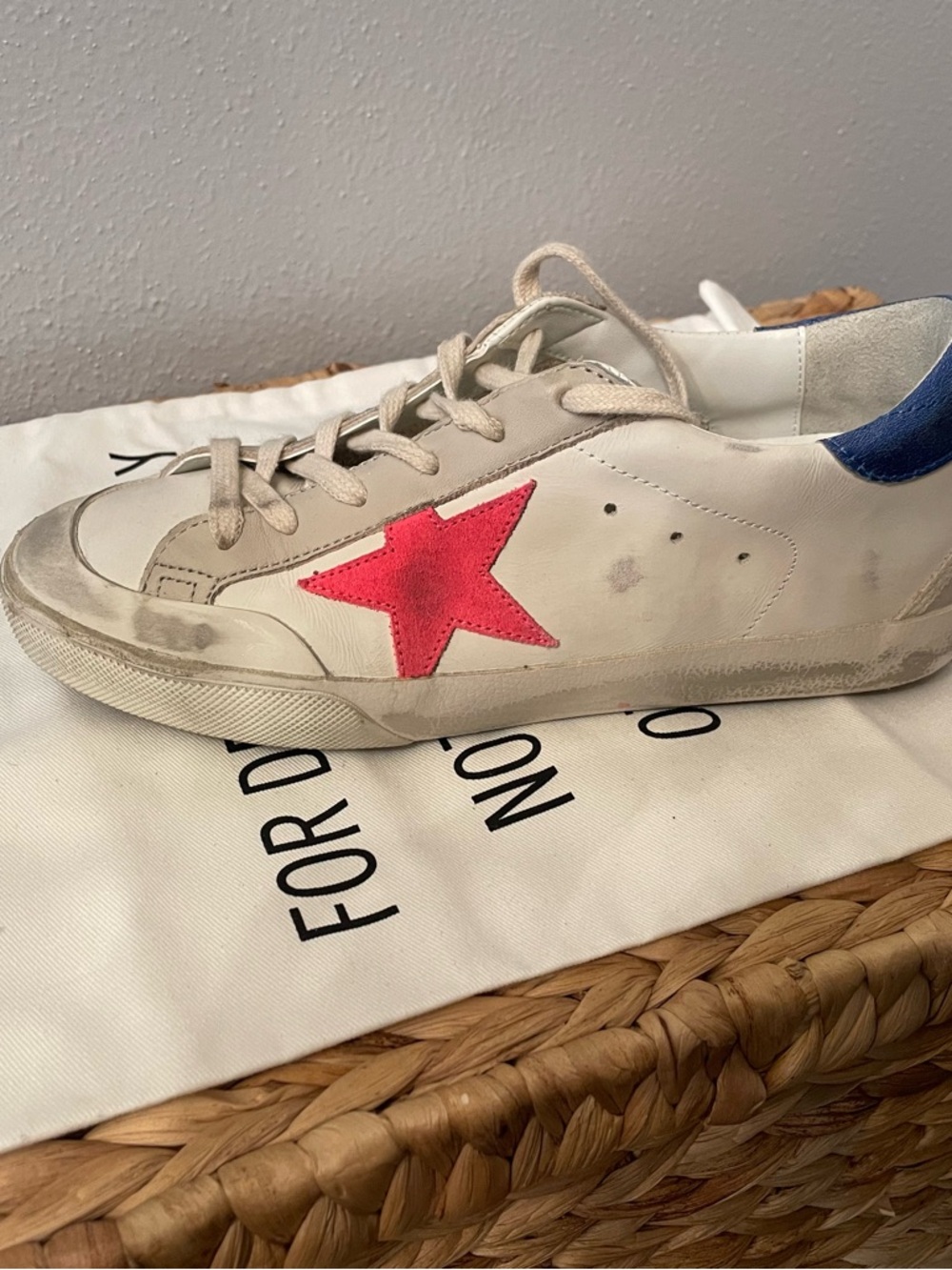 Golden Goose White Sneakers with Red Star and Blue Heel